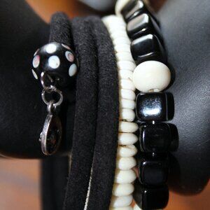 Black Suede and Ivory Bone Memory Wire Wrist Wrap Cuff Bracelet